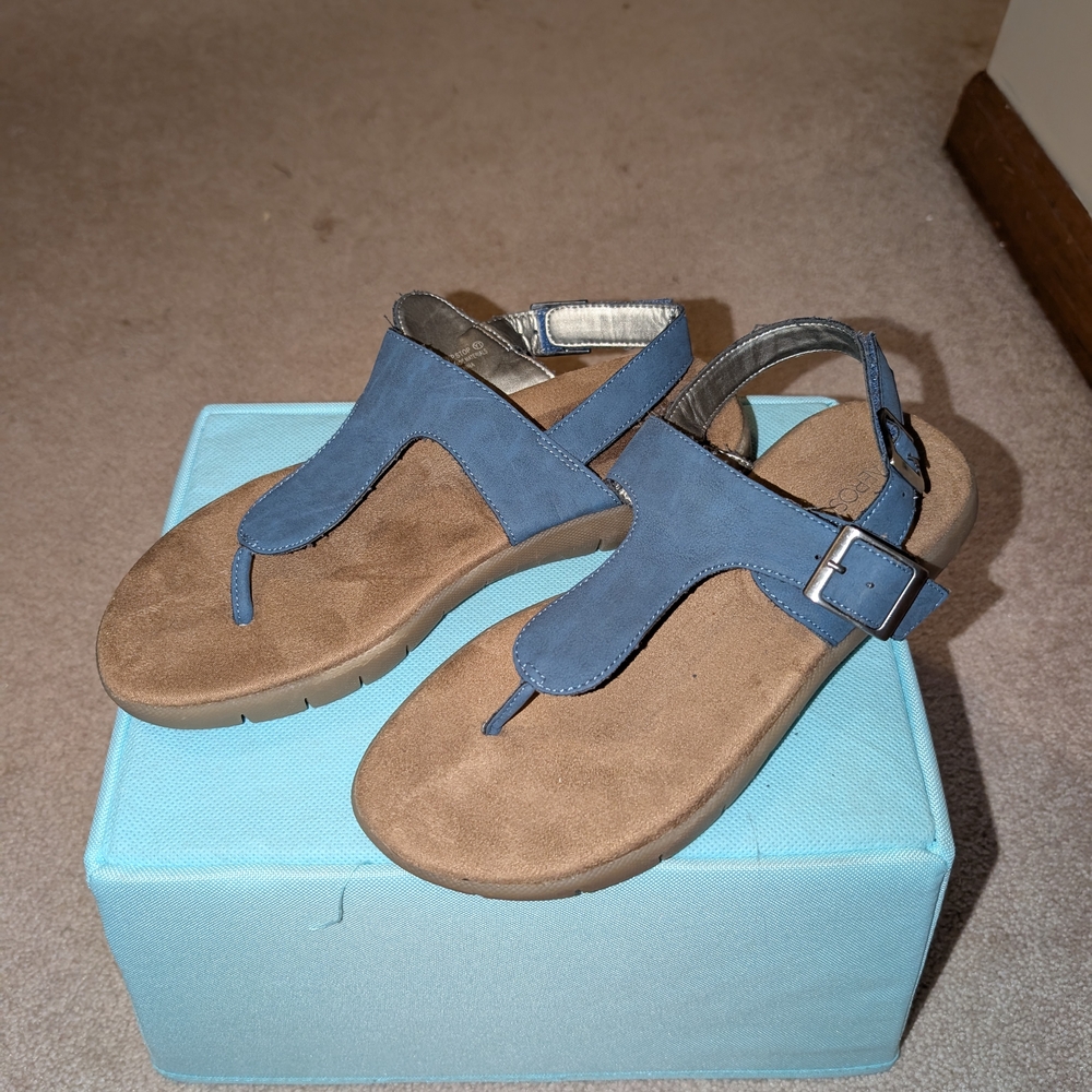 New! Blue and Tan Leather Sandals with Buckle